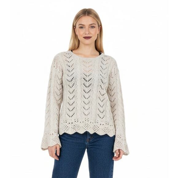 Black Swan Cream Open Knit Boho Sweater Bell Sleeves Size M NWT - Picture 1 of 8